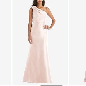 Dessy Alfred Sung Bow One-Shoulder Satin Trumpet Gown in Blush